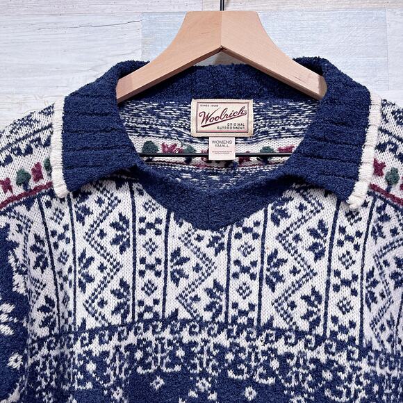 Woolrich Vintage Wool Fair Isle Tipped Polo Sweater Blue Fisherman Womens Small - Picture 2 of 7